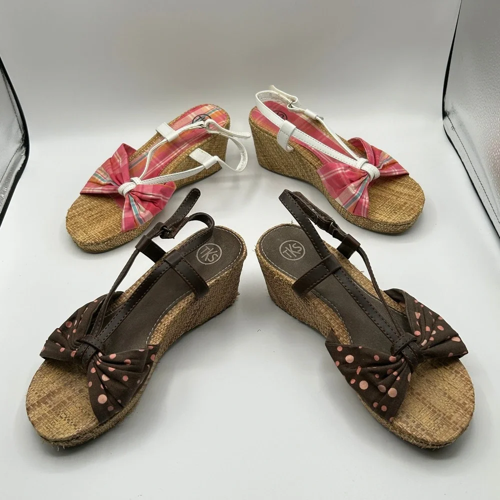 TKS Phoebe 556 Girls Wedge Sandals Lot 2 Pairs Pink Plaid Brown Polka Dot 3M